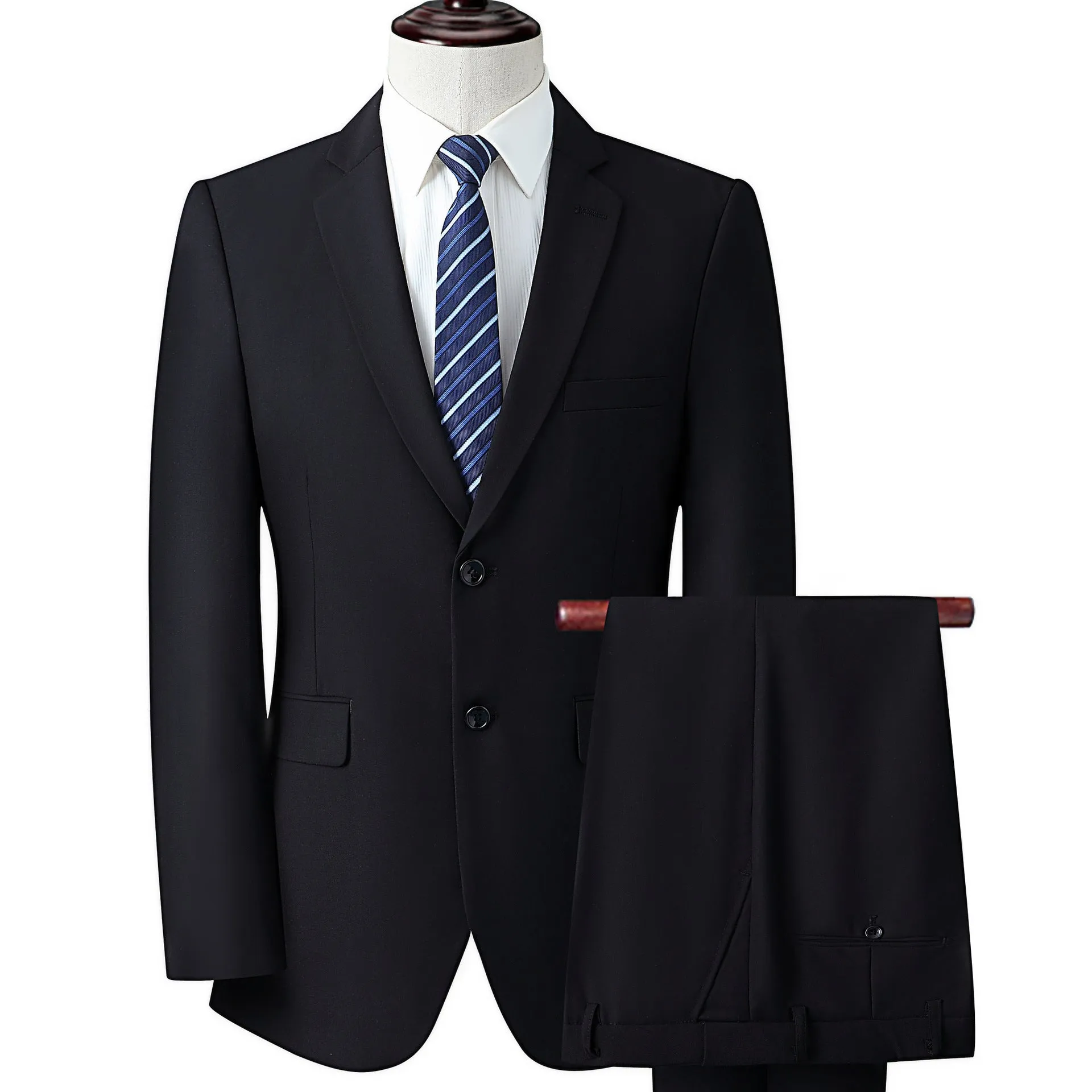 Men's slim fit business suit in black, coat and pants set, formal wear with adhesive interlining construction