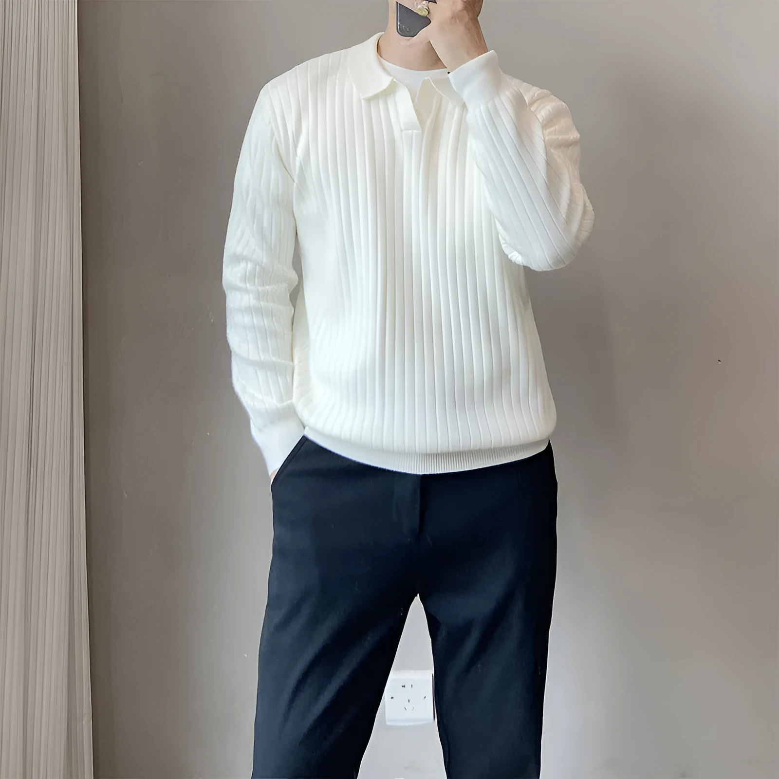Men's loose striped lapel knitted sweater in modal and rabbit fur blend, shown in army green.
