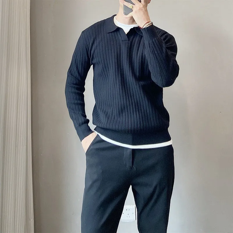 Men's loose striped lapel knitted sweater in modal and rabbit fur blend, shown in army green.