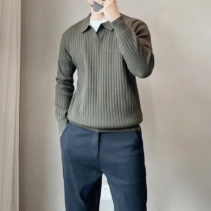 Men's loose striped lapel knitted sweater in modal and rabbit fur blend, shown in army green.