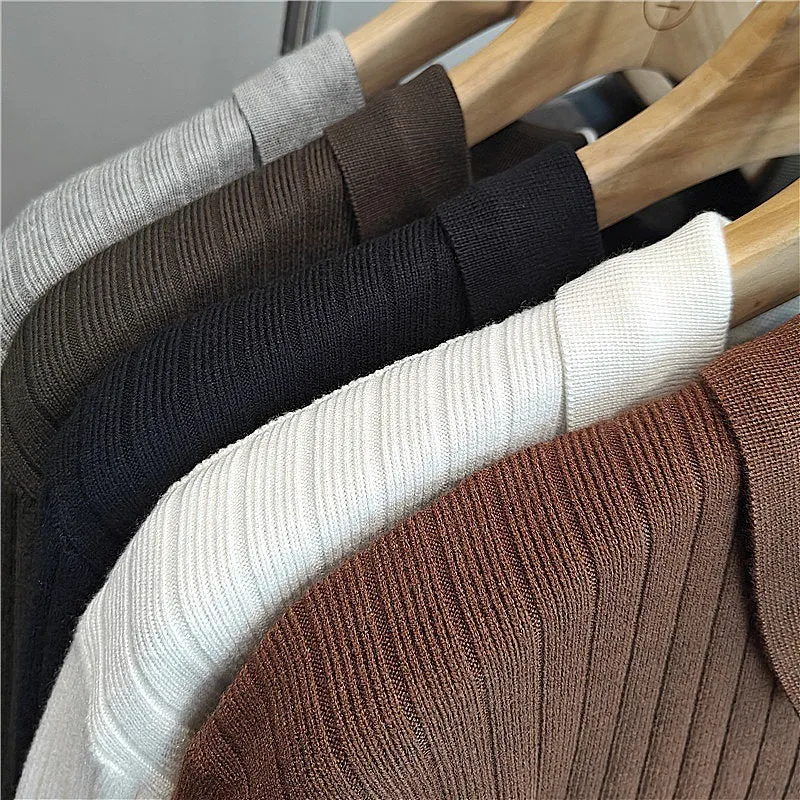 Men's loose striped lapel knitted sweater in modal and rabbit fur blend, shown in army green.