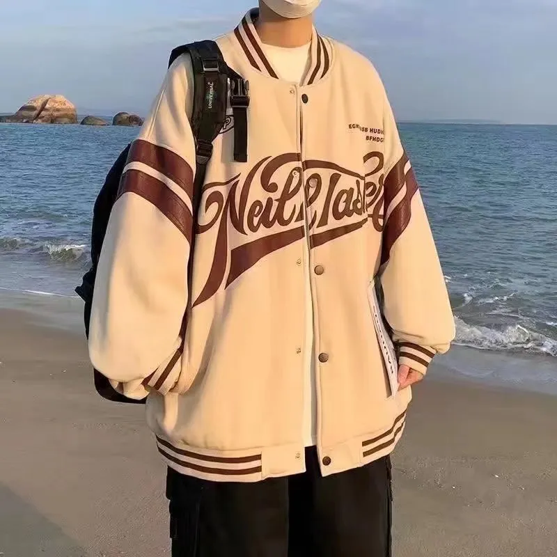 Loose unisex baseball jacket with stand-up collar in colour matching design, available in Black Khaki Lake blue