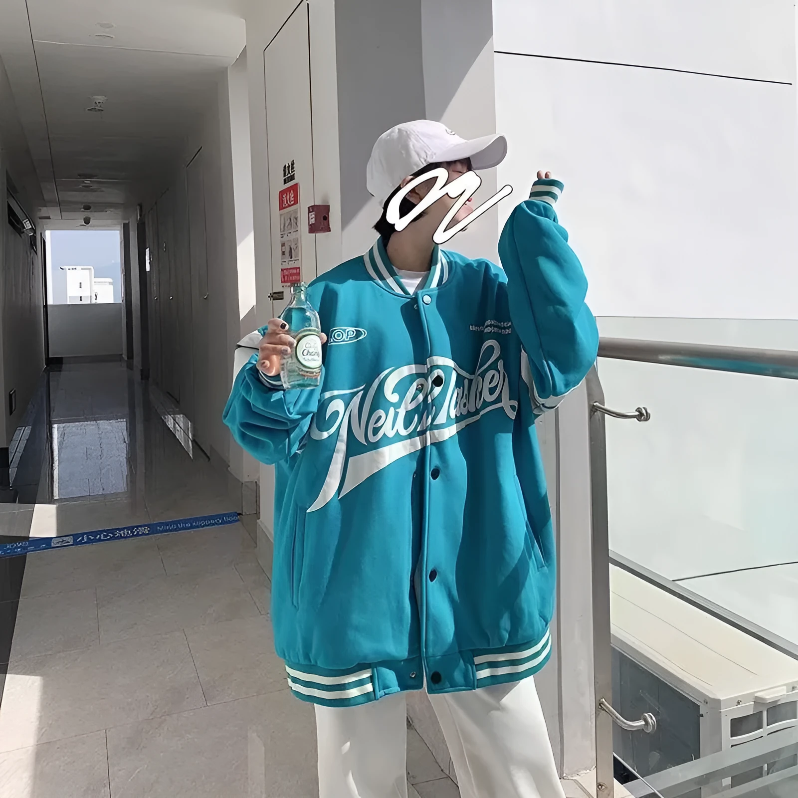 Loose unisex baseball jacket with stand-up collar in colour matching design, available in Black Khaki Lake blue