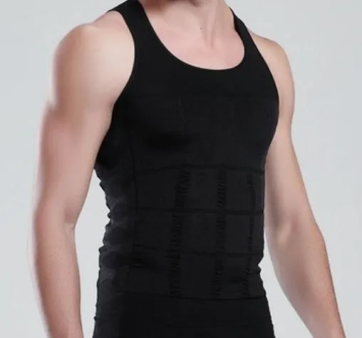 Men's slim body lift shaper vest in black, showing front view of compression underwear for belly control