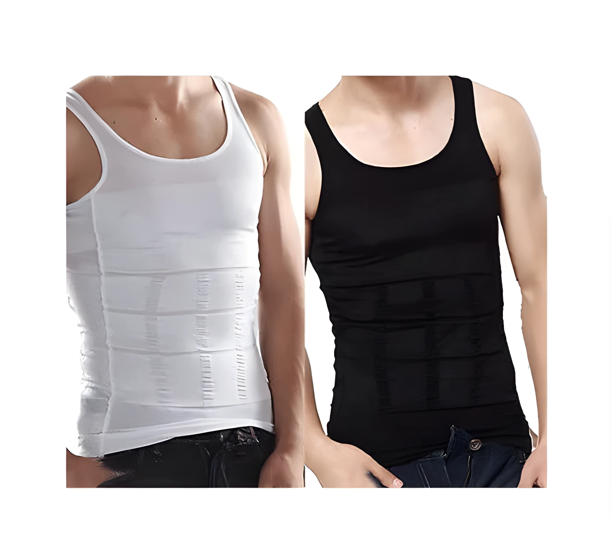 Men's slim body lift shaper vest in black, showing front view of compression underwear for belly control