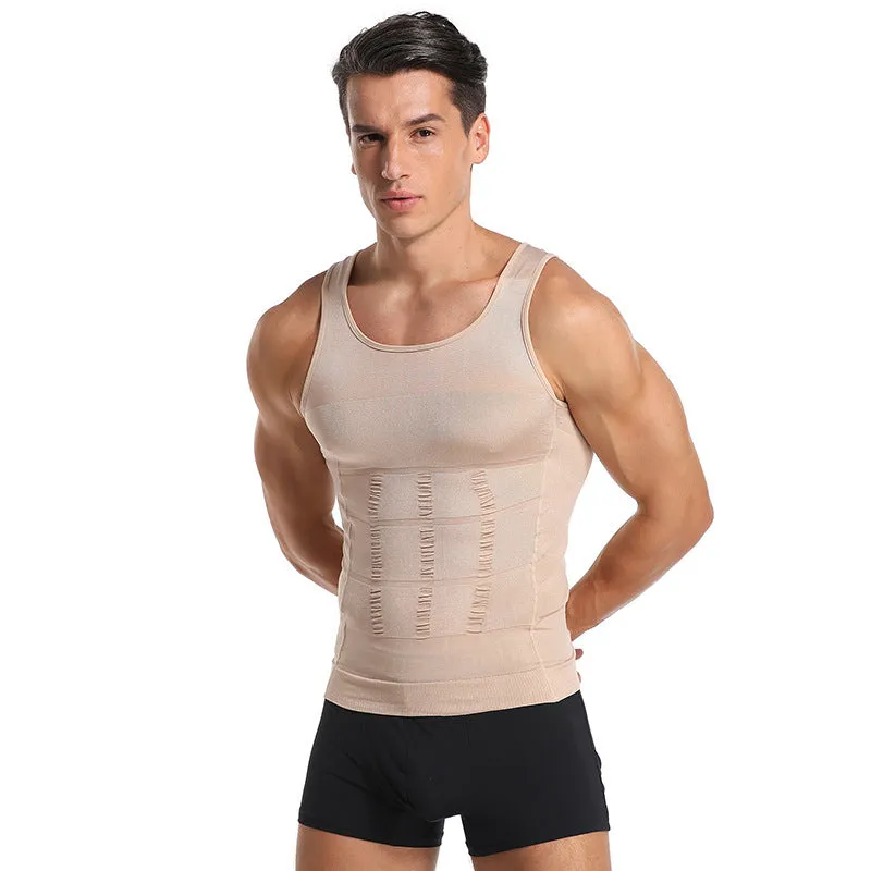 Men's slim body lift shaper vest in black, showing front view of compression underwear for belly control