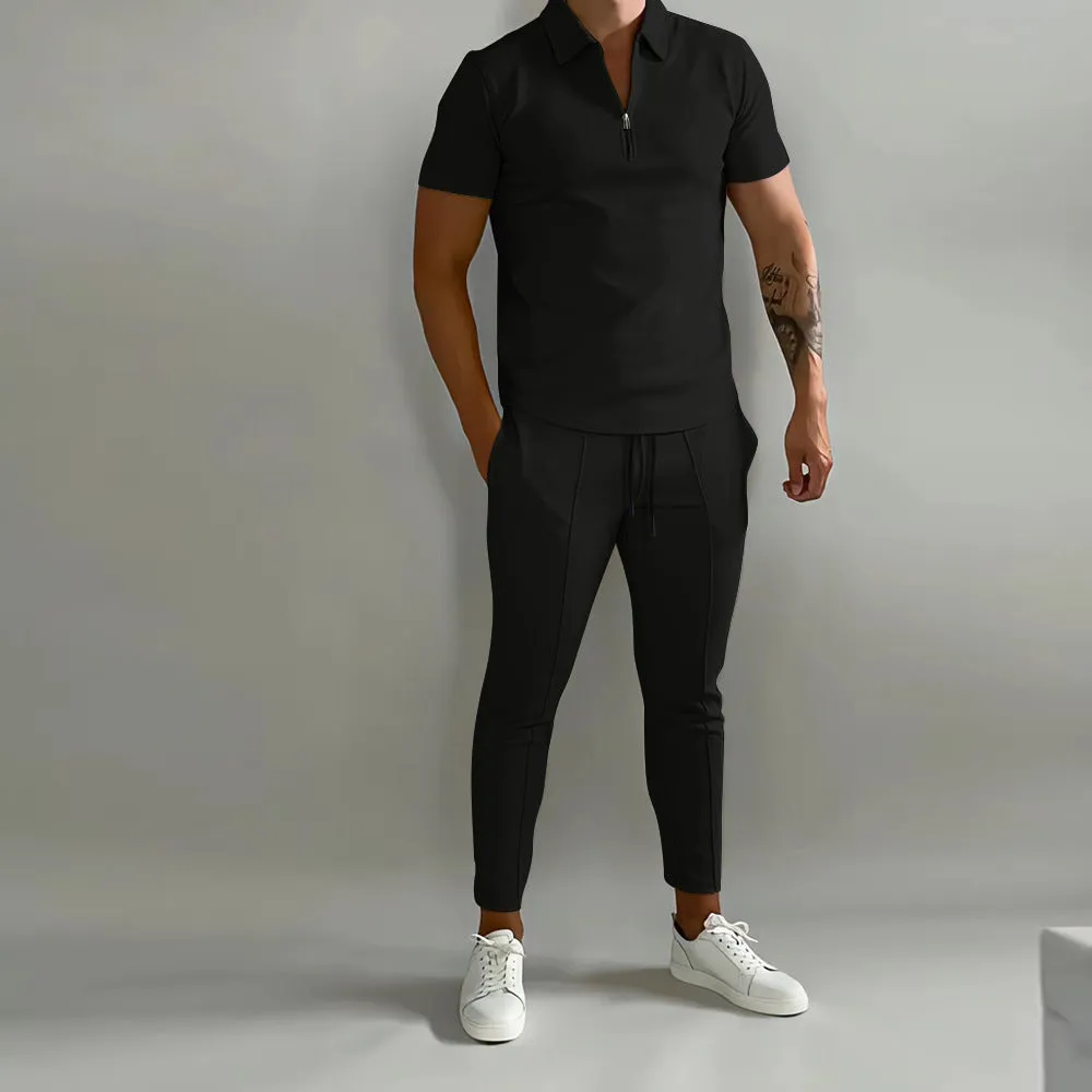 Men's summer slim casual sports suit in beige, cotton blend T-shirt and trousers set on model