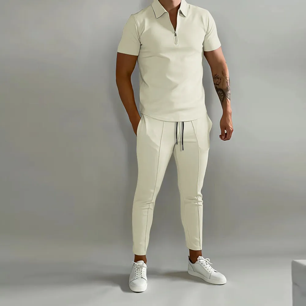 Men's summer slim casual sports suit in beige, cotton blend T-shirt and trousers set on model
