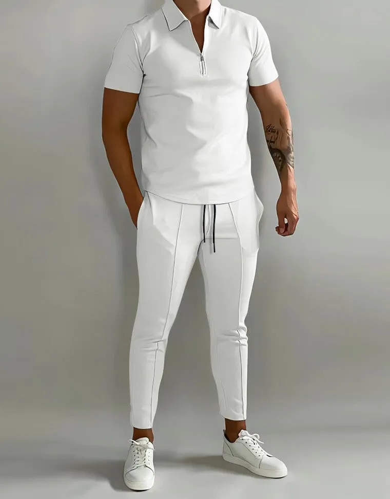 Men's summer slim casual sports suit in beige, cotton blend T-shirt and trousers set on model