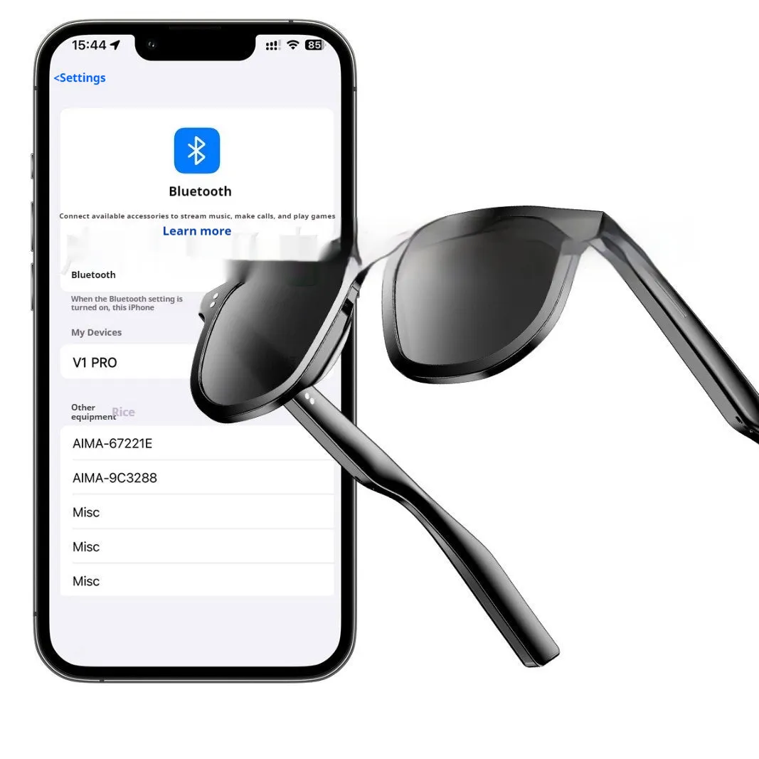 Black Bluetooth smart sunglasses with touch control and anti-blue light lenses