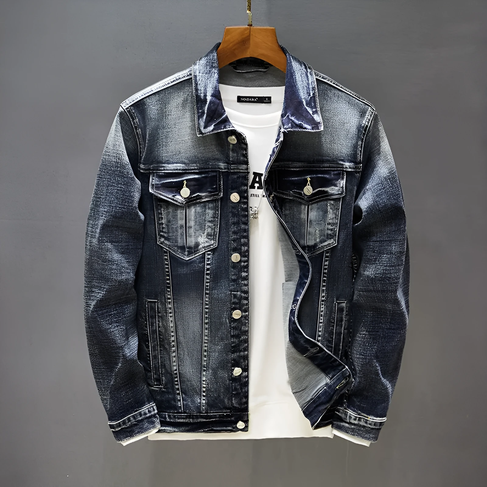 Men's blue cotton casual jacket front view full body