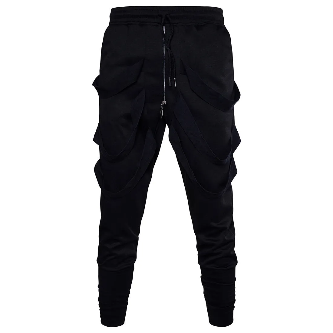 Low crotch cross pants for men in black with tapered leg and small foot opening
