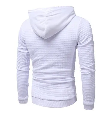 Men's casual hooded pullover with square pattern quilted design in beige, on a model