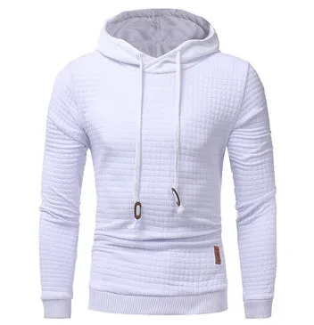 Men's casual hooded pullover with square pattern quilted design in beige, on a model