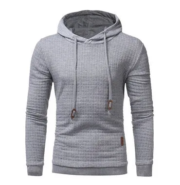 Men's casual hooded pullover with square pattern quilted design in beige, on a model