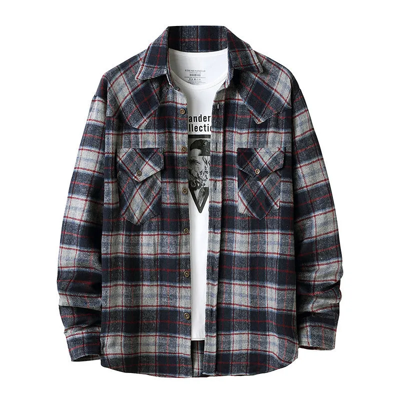 Men's long sleeve flannel plaid shirt jacket with corduroy contrast design on cuffs and collar, black colour