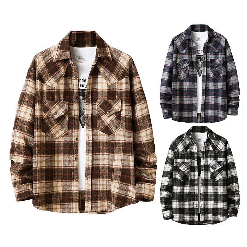 Men's long sleeve flannel plaid shirt jacket with corduroy contrast design on cuffs and collar, black colour