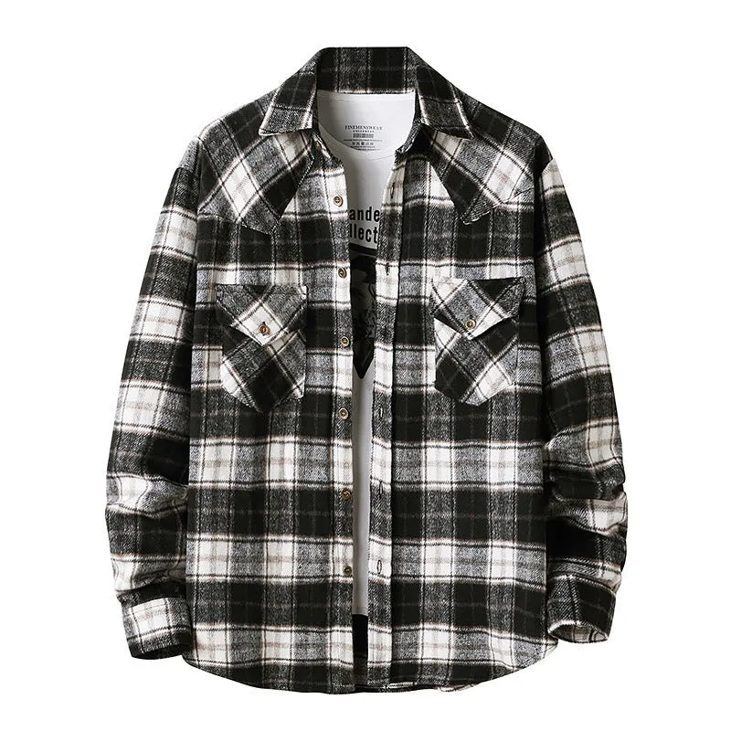 Men's long sleeve flannel plaid shirt jacket with corduroy contrast design on cuffs and collar, black colour