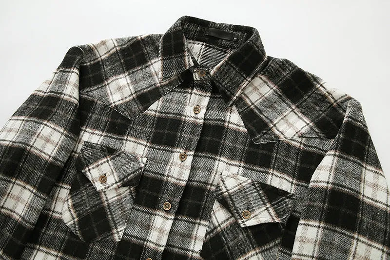 Men's long sleeve flannel plaid shirt jacket with corduroy contrast design on cuffs and collar, black colour