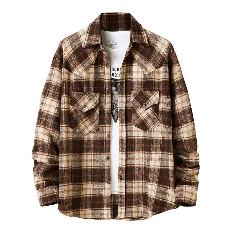 Men's long sleeve flannel plaid shirt jacket with corduroy contrast design on cuffs and collar, black colour