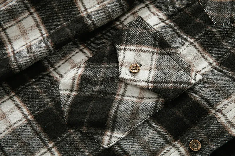 Men's long sleeve flannel plaid shirt jacket with corduroy contrast design on cuffs and collar, black colour