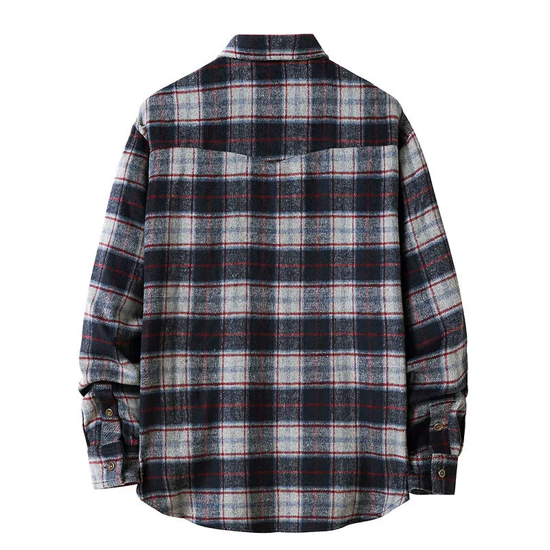 Men's long sleeve flannel plaid shirt jacket with corduroy contrast design on cuffs and collar, black colour