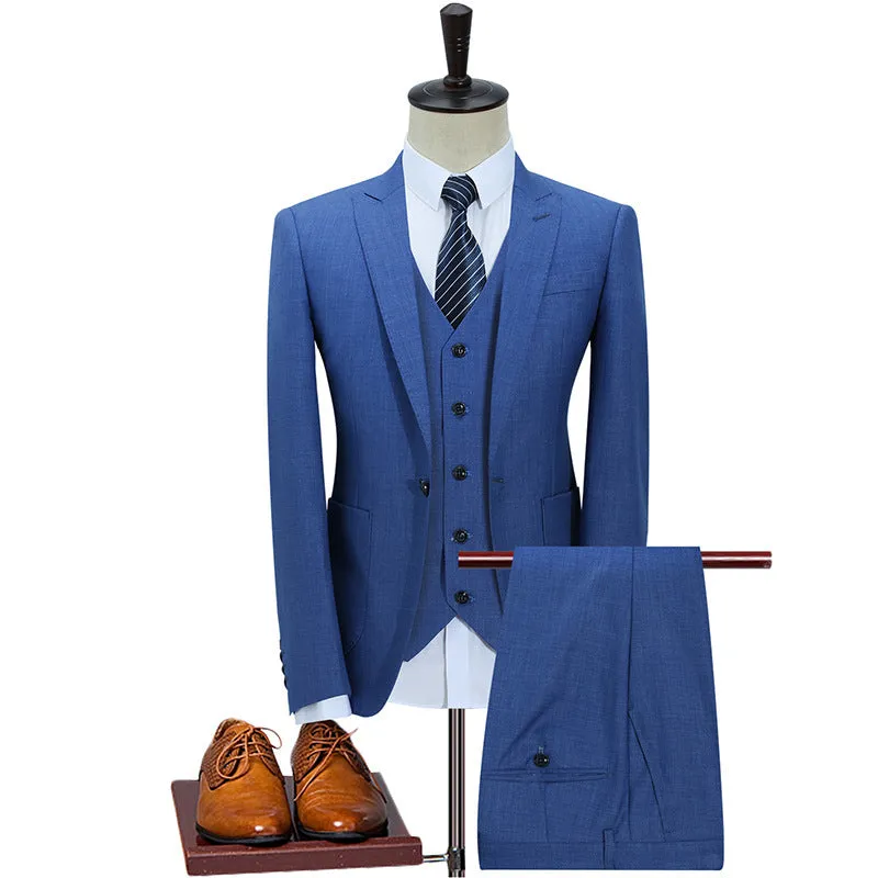 Men's slim fit business casual suit in Dark Blue with flat collar and single-row button placket