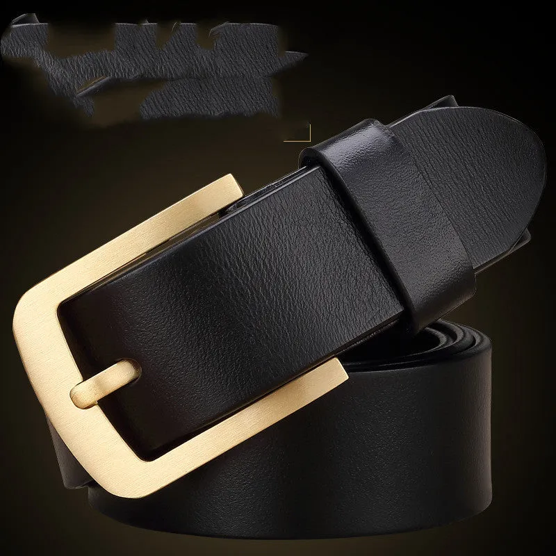 Men's retro leather belt with brass pin buckle in black colour plain surface