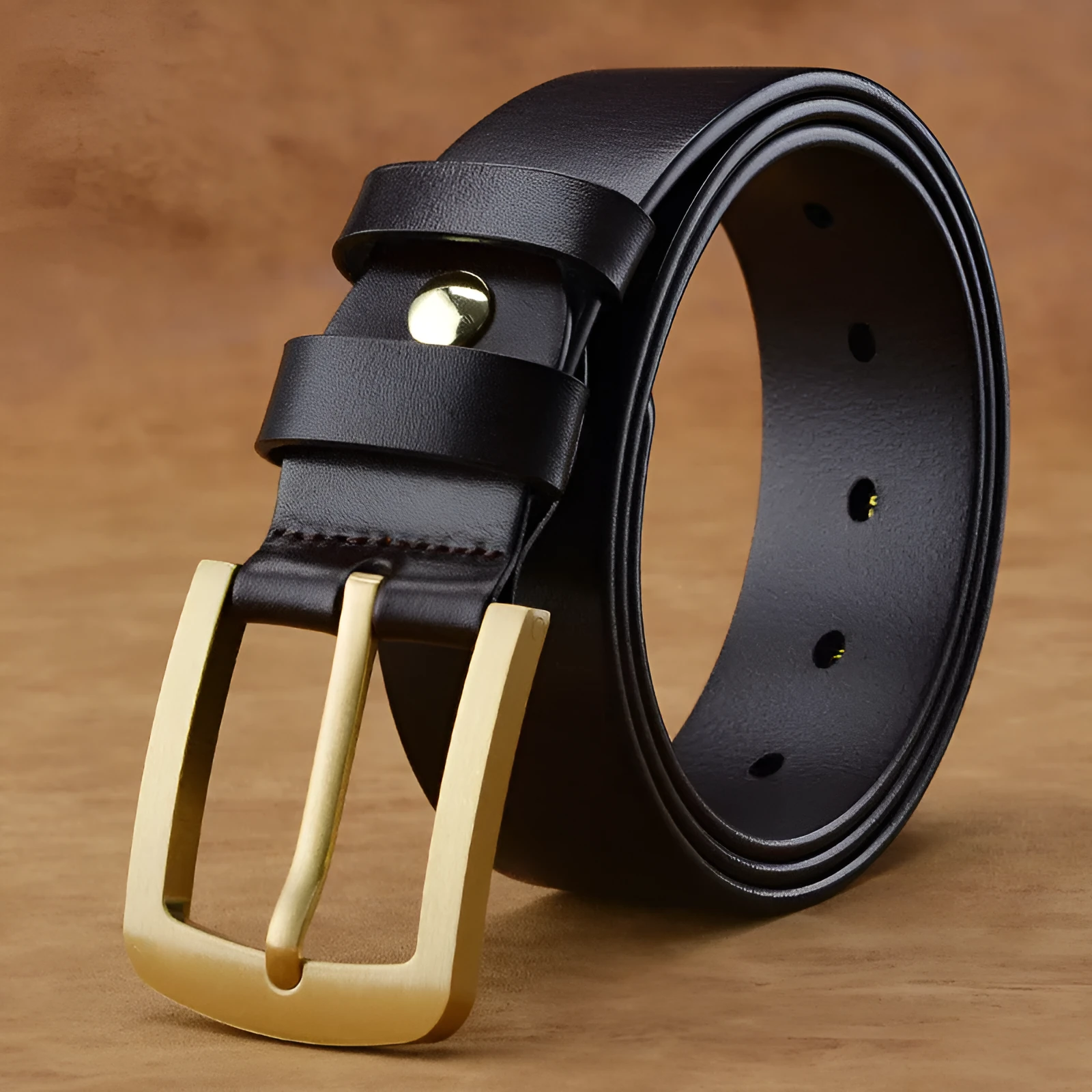 Men's retro leather belt with brass pin buckle in black colour plain surface