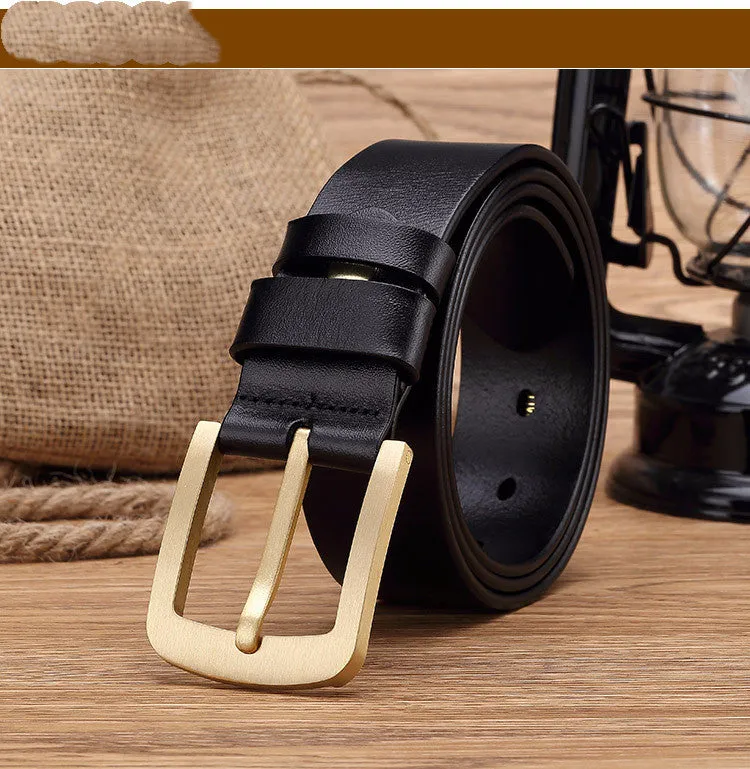 Men's retro leather belt with brass pin buckle in black colour plain surface