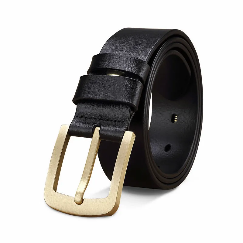 Men's retro leather belt with brass pin buckle in black colour plain surface