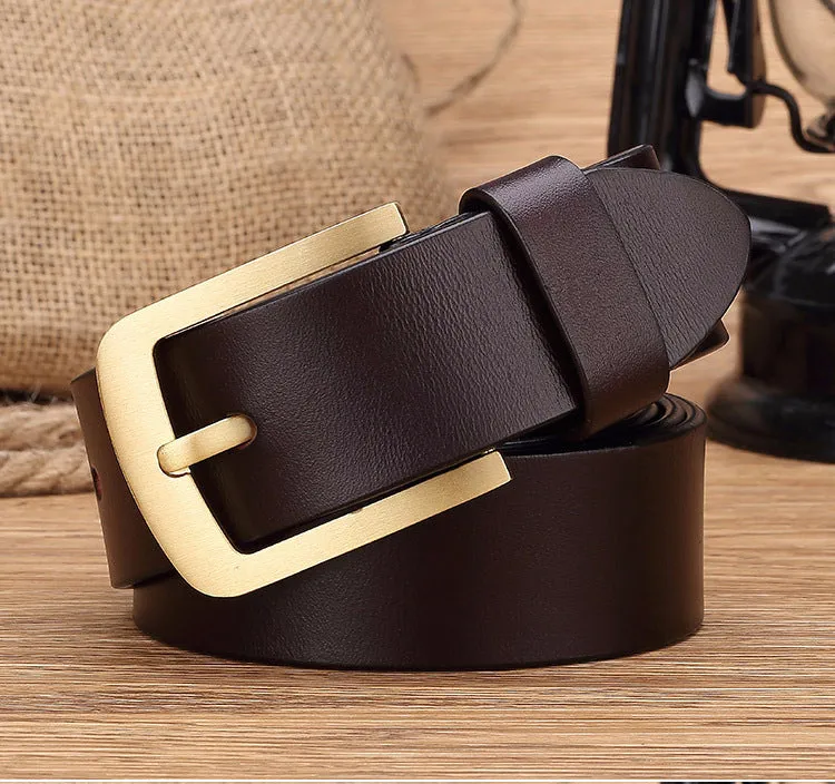 Men's retro leather belt with brass pin buckle in black colour plain surface