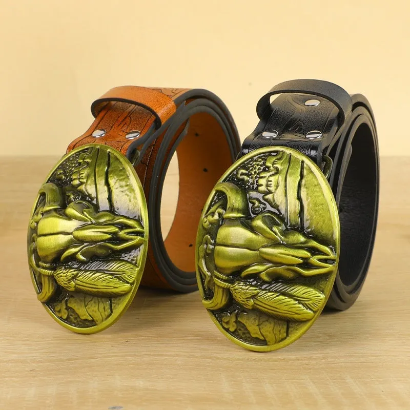 Men's brown leather belt featuring a detailed silver alloy cow head buckle.