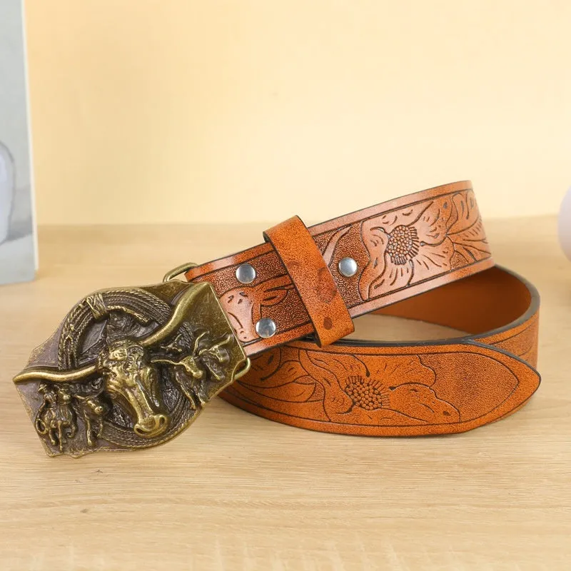 Men's brown leather belt featuring a detailed silver alloy cow head buckle.