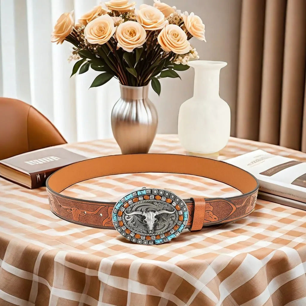 Men's brown leather belt featuring a detailed silver alloy cow head buckle.
