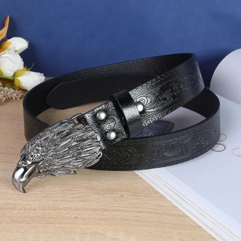 Men's brown leather belt featuring a detailed silver alloy cow head buckle.