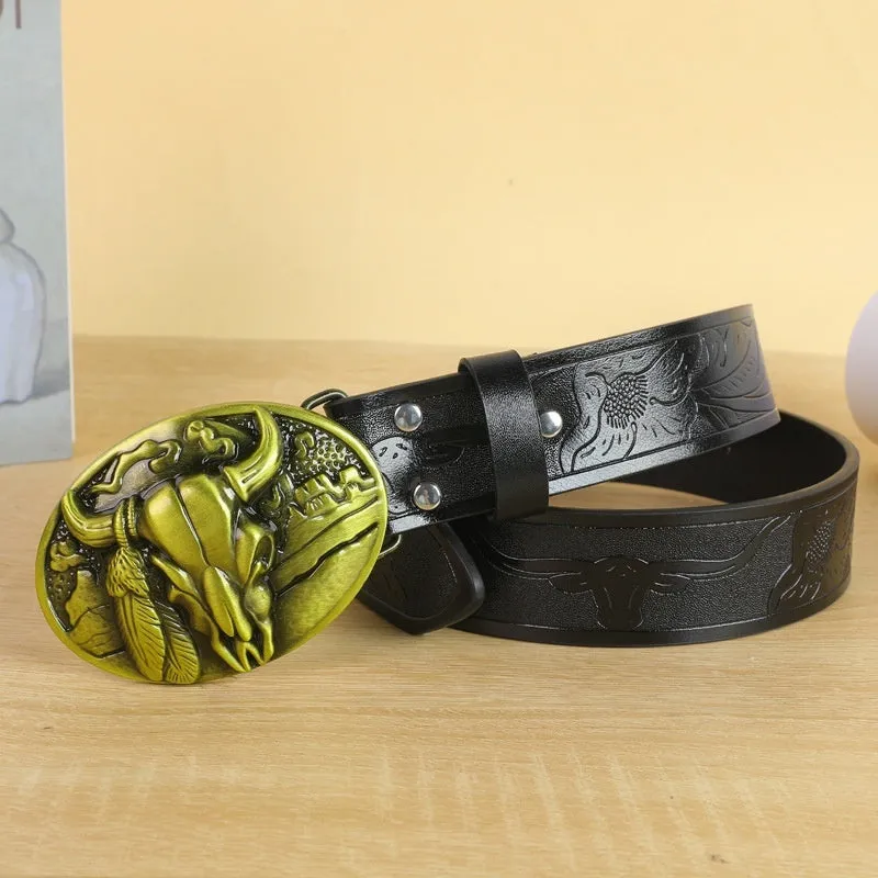 Men's brown leather belt featuring a detailed silver alloy cow head buckle.