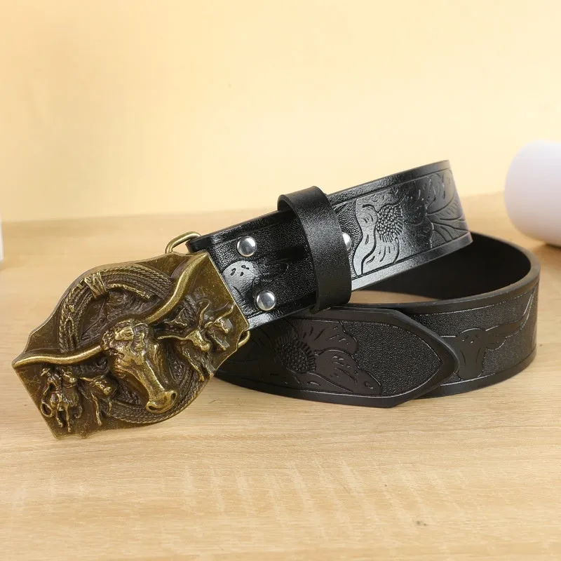 Men's brown leather belt featuring a detailed silver alloy cow head buckle.