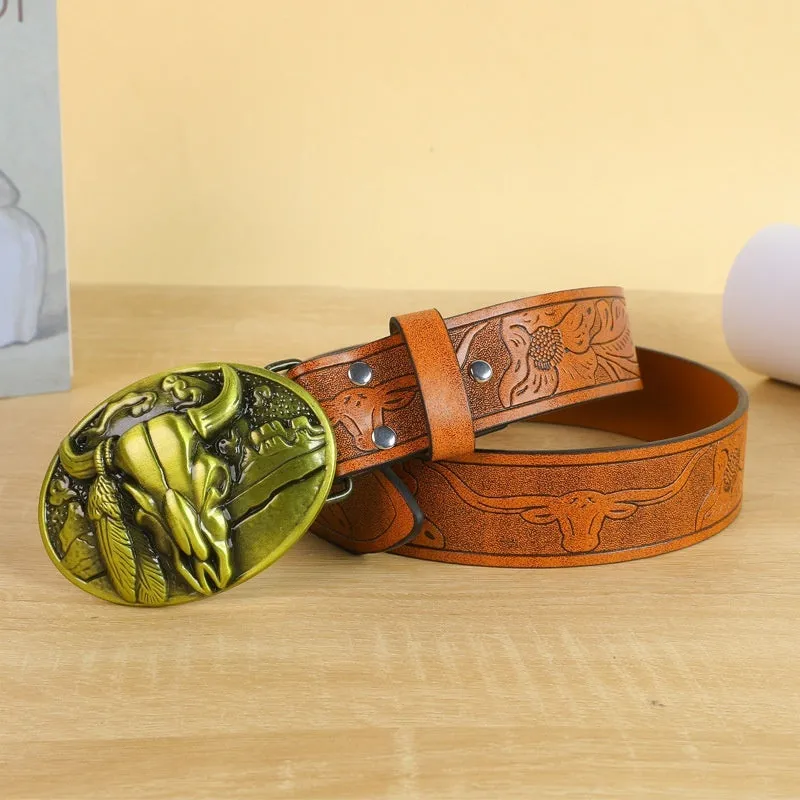 Men's brown leather belt featuring a detailed silver alloy cow head buckle.