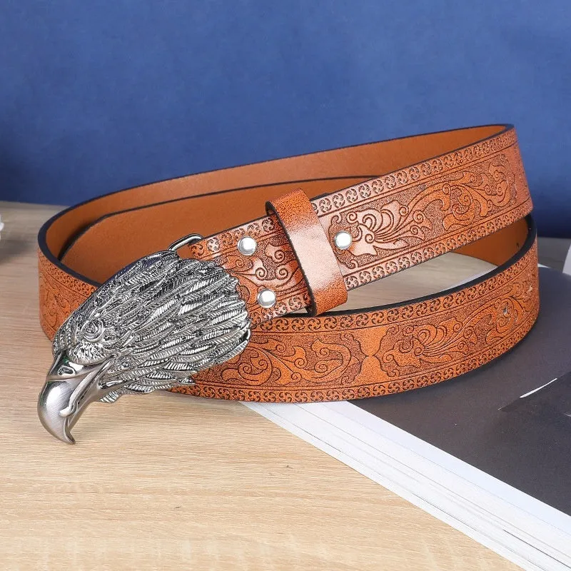 Men's brown leather belt featuring a detailed silver alloy cow head buckle.