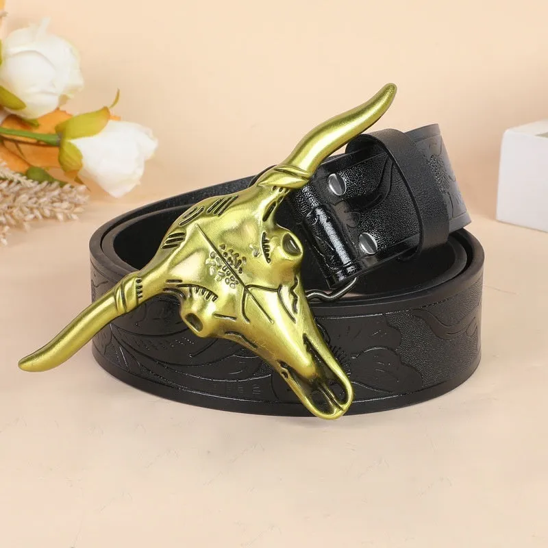 Men's brown leather belt featuring a detailed silver alloy cow head buckle.
