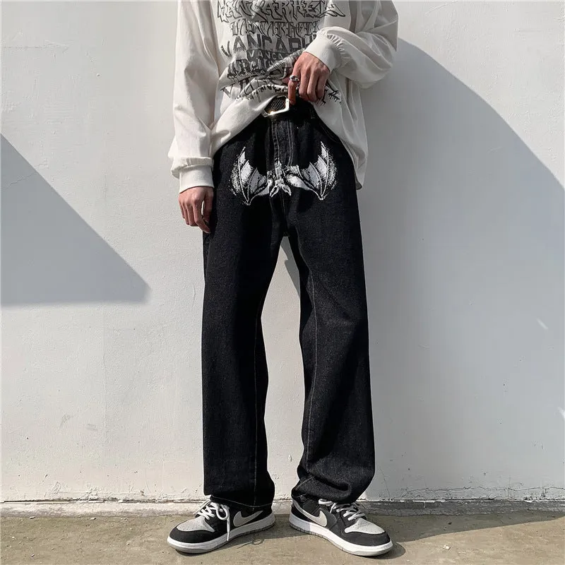 Mens casual print loose jeans in black, showing elasticated waist and relaxed fit