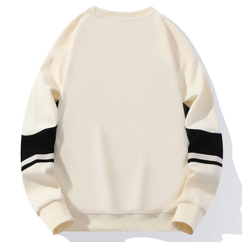 Men's fashion print crew neck sweatshirt in polyester, available in black, beige, green, and coffee colours, sizes M to 4XL