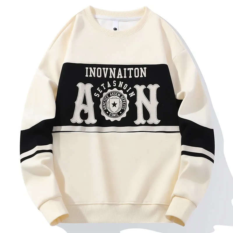 Men's fashion print crew neck sweatshirt in polyester, available in black, beige, green, and coffee colours, sizes M to 4XL