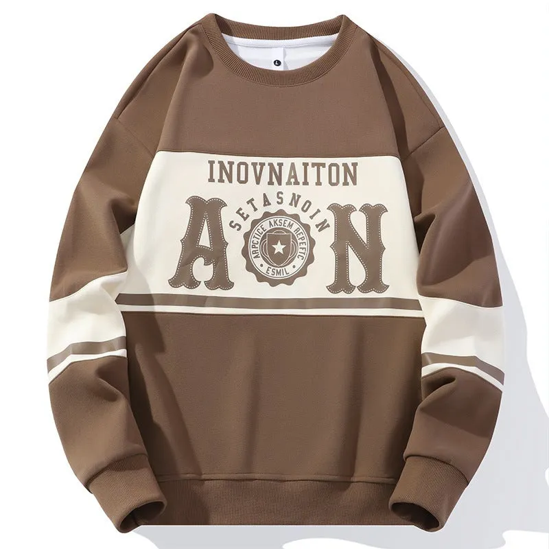Men's fashion print crew neck sweatshirt in polyester, available in black, beige, green, and coffee colours, sizes M to 4XL