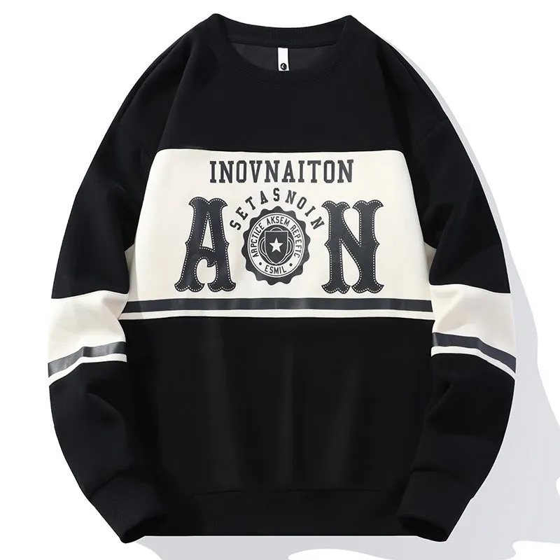 Men's fashion print crew neck sweatshirt in polyester, available in black, beige, green, and coffee colours, sizes M to 4XL