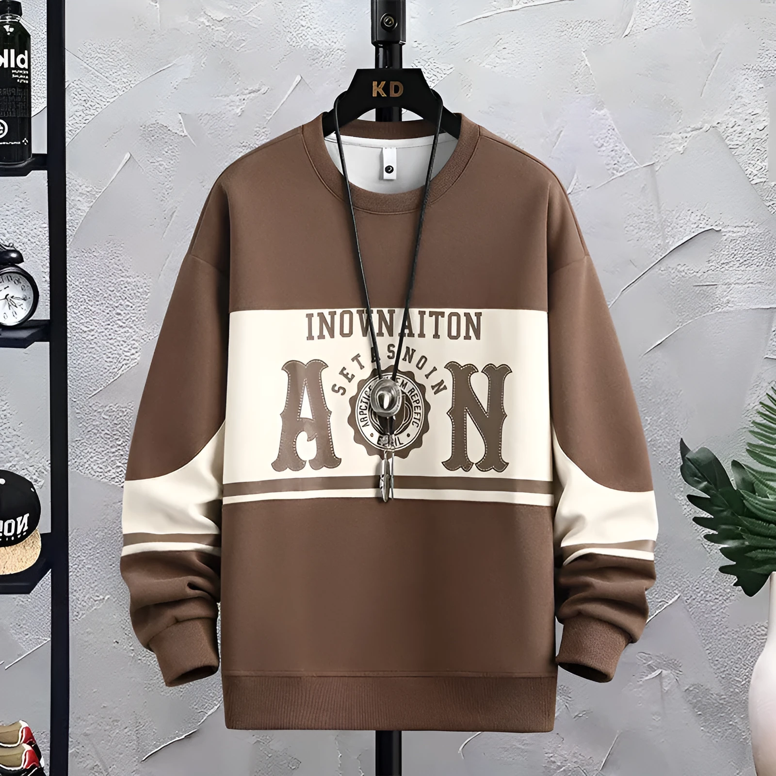 Men's fashion print crew neck sweatshirt in polyester, available in black, beige, green, and coffee colours, sizes M to 4XL