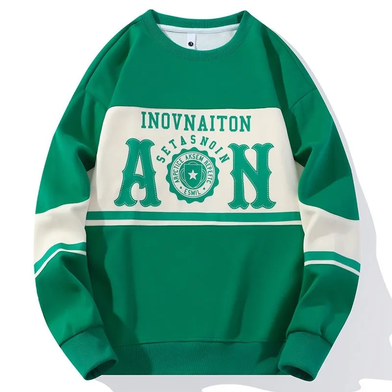 Men's fashion print crew neck sweatshirt in polyester, available in black, beige, green, and coffee colours, sizes M to 4XL