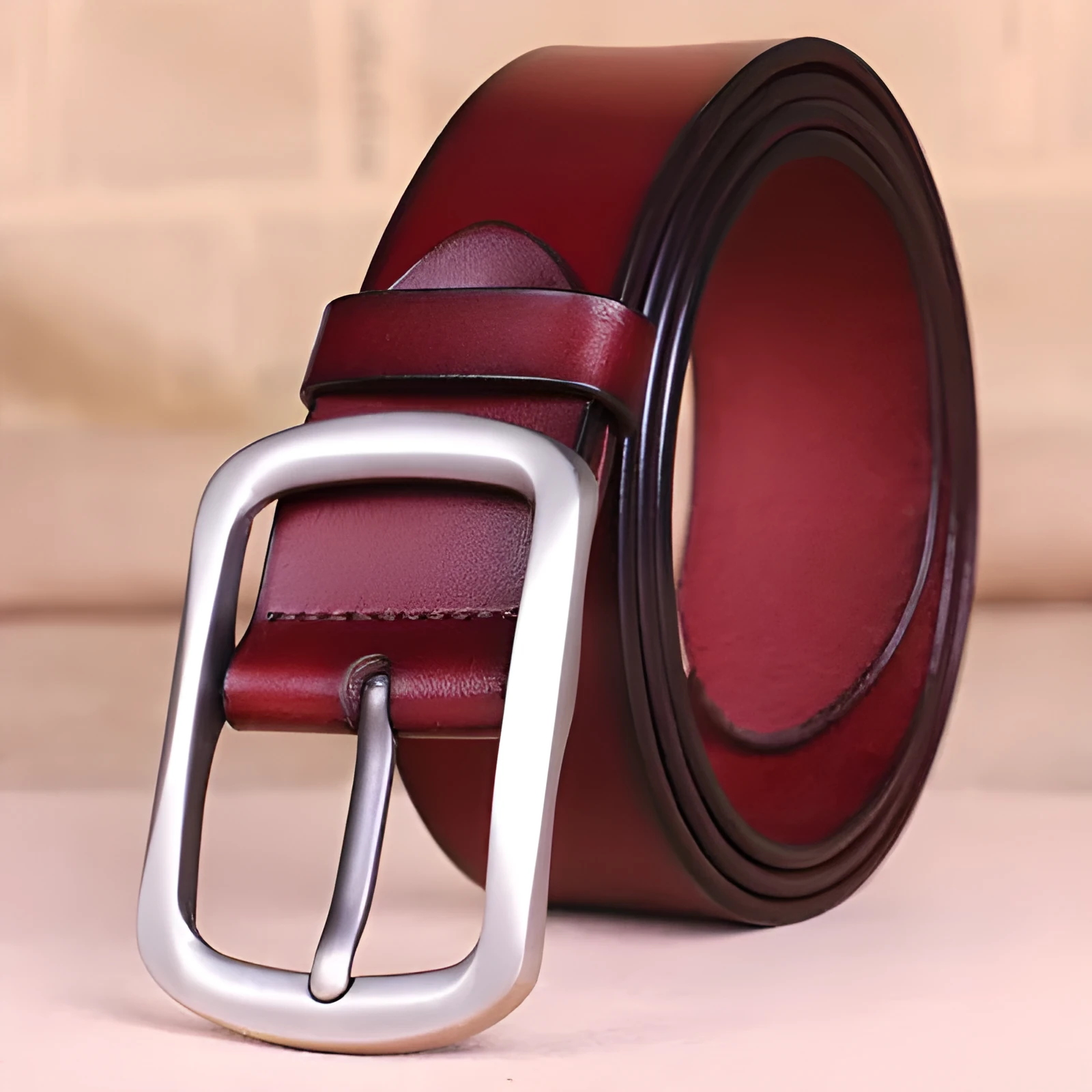 Men's genuine leather belt with alloy buckle in black, brown, and reddish brown colour options