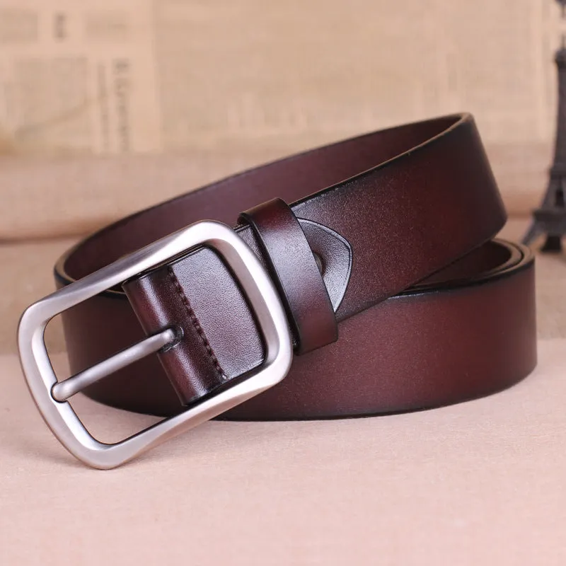 Men's genuine leather belt with alloy buckle in black, brown, and reddish brown colour options